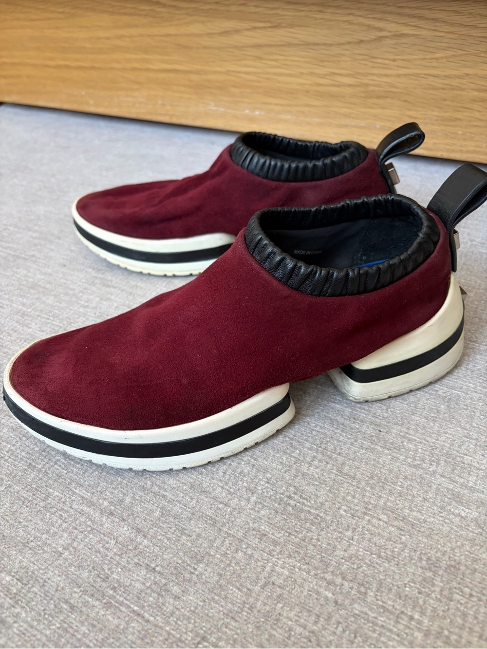 Stuart Weitzman Women's Suede Slip-On Sneakers in Burgundy and Black, 5.5 - 6.5